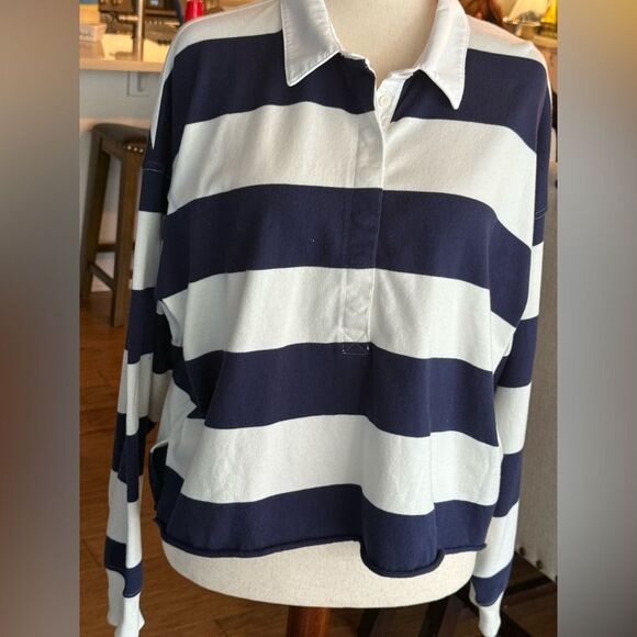 AERIE Navy and White Striped Long Sleeve Polo Shirt Size LG - Picture 1 of 6
